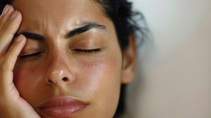 A woman with her hand on her forehead appearing to be in deep thought or possibly experiencing a headache.