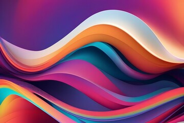 digitally created abstract background featuring layered waves with a smooth texture in a vibrant fusion of purple, blue, orange, and pink hues. Generative ai