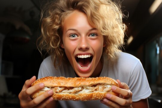 Close of a young blonde animated with hungry blue eyes with a tasty hot dog in his, generative IA