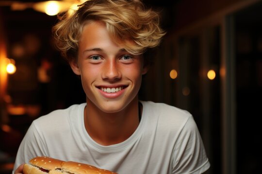 Close of a young blonde animated with hungry blue eyes with a tasty hot dog in his, generative IA