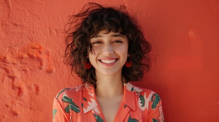 Smiling woman with curly hair and red earrings wearing a floral blouse against an orange textured...