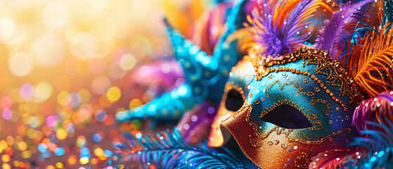 Vibrant Venetian Mask with Feathers and Glitter - obrazy, fototapety, plakaty