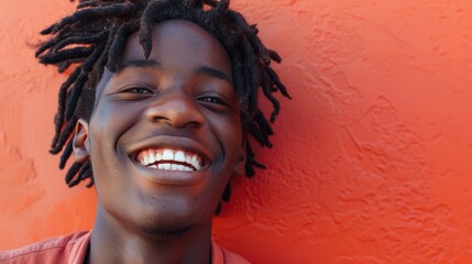 Smiling man with dreadlocks against orange textured wall.