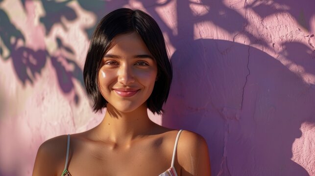 A young woman with short dark hair smiling at the camera standing in front of a pink wall with a shadow of a tree on it.