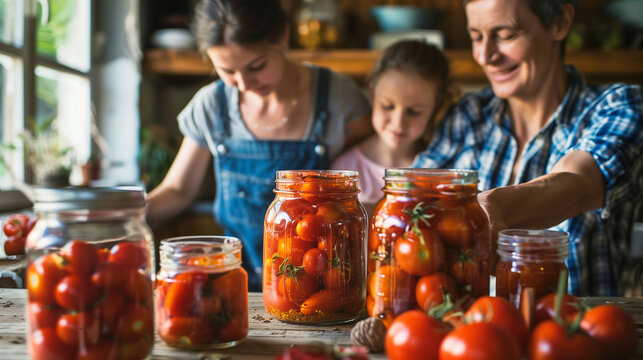 Family canning tomatoes together in jars
