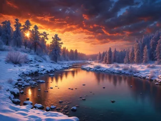 Wandaufkleber Waldfluss Peaceful winter scene: river flowing through the snowy forest under a cloudy sky, with a breathtaking sunset and towering pine trees