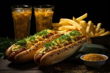 Two hot dogs with potato sticks and mustard. selective focus., generative IA