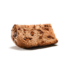Panettone, an Italian type of sweet bread loaf, with chocolate chips or raising inside, usually prepared and enjoyed for Christmas and New Year. Isolated on white background. 
