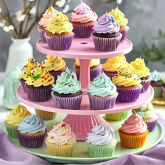 Easter colorful mini cupcakes with sprinkles in pastel colors