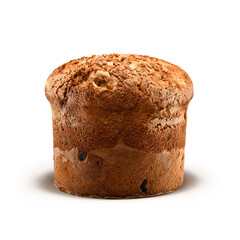 Panettone, an Italian type of sweet bread loaf, with chocolate chips or raising usually prepared and enjoyed for Christmas and New Year. Isolated on white background. 