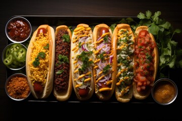 Gourmet grills all hot dogs with side dishes and chips. Delicious and simple hot d, generative IA