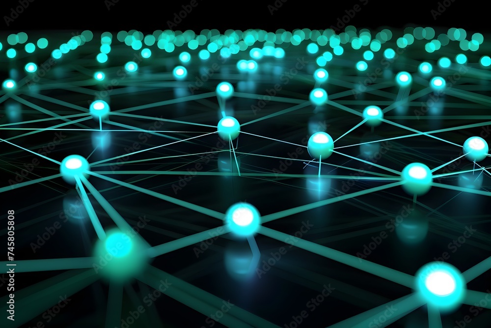 Poster a bright green network of lights with various connections and blue circles on a dark background styl