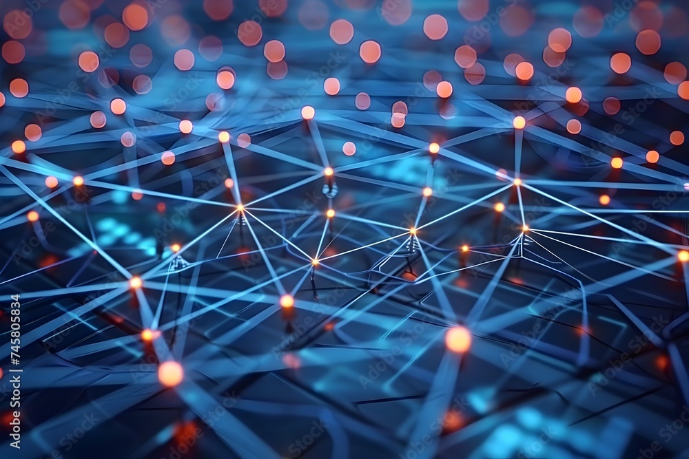 Poster an abstract illustration of a colorful network design in the style of tilt shift with blue and orang