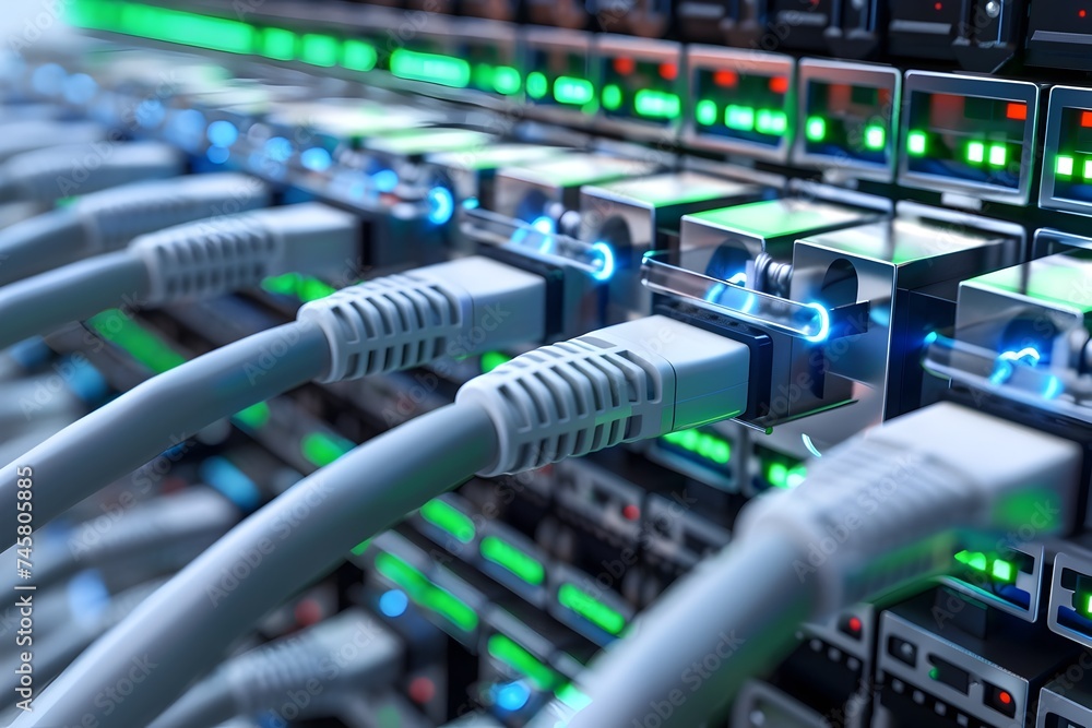 Poster a detailed and photorealistic image of internet connections and cables lined up in a rack in a facto
