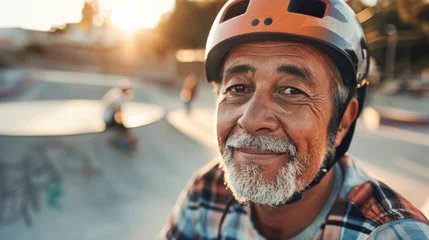 Abwaschbare Fototapete An elderly man with a gray beard and mustache wearing a red helmet smiling at the camera sitting on a skateboard ramp with a blurred background of a skate park. © iuricazac