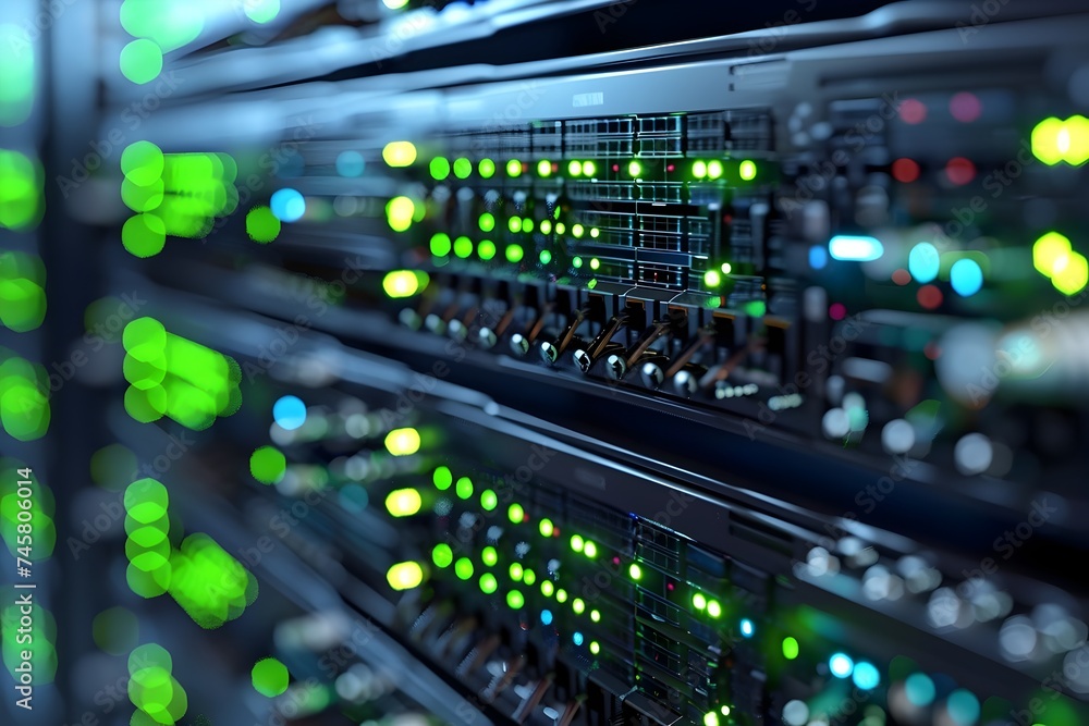 Poster a detailed and photorealistic image of server racks with bright green led lights indicating activity