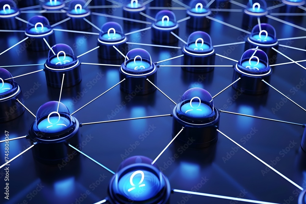 Poster a detailed and vibrant 3d illustration of a blue light network in the style of modern technology and