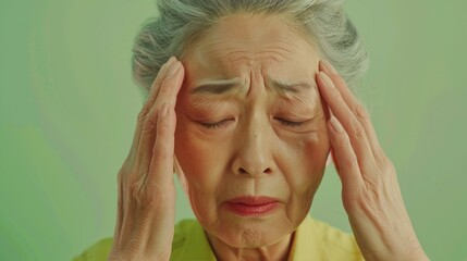 An elderly woman with closed eyes pressing her hands against her temples expressing discomfort or pain set against a green background.