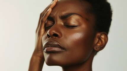 A close-up of a person with closed eyes pressing their hand against their forehead conveying a sense of deep thought or concern.