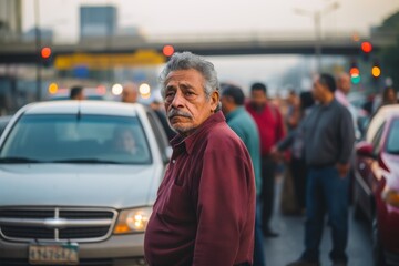 
A Hispanic man in his late 70s, grimacing and covering his nose, standing near heavy traffic - obrazy, fototapety, plakaty