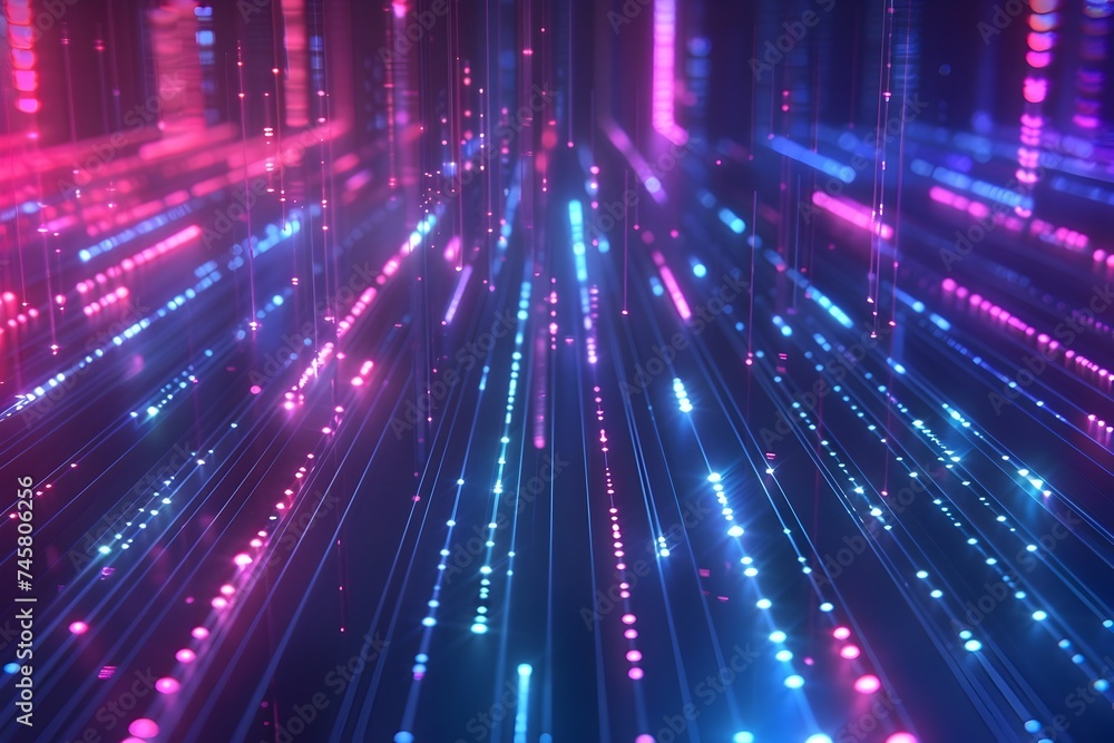 Poster visually striking image of futuristic digital night universe featuring shimmering purple and blue li