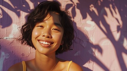 A young woman with a radiant smile wearing a yellow top stands against a pink wall with a playful shadow of leaves on it.