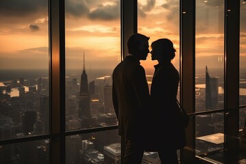 Romantic embrace at sunset in european hotel, promoting love and romantic relationship