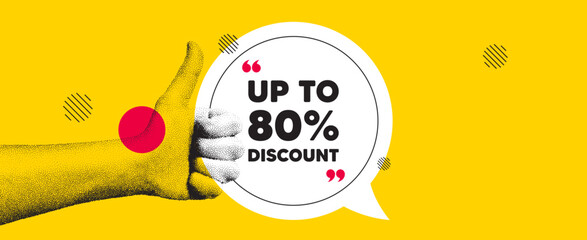 Up to 80 percent discount. Sale offer price sign. Hand showing thumb up like. Vector