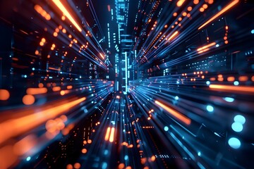 dynamic and colorful digital rendering of an abstract data stream in a modern telecommunication context with lines and dots moving through a dark tunnel, a sense of high-tech futuristic cityscape