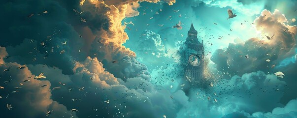 A clock tower in the clouds where time moves backward surrounded by flying books