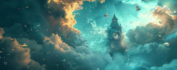 Foto op Canvas A clock tower in the clouds where time moves backward surrounded by flying books © Nat
