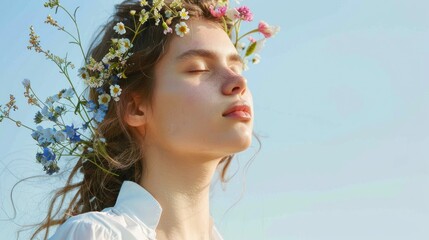 A serene young woman with closed eyes adorned with a floral crown basking in the soft light against a tranquil blue sky backdrop.