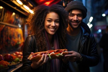 Young woman and man holding hot dogs in her hands, eating street food, generative IA