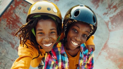 Two young children wearing helmets smiling and embracing each other likely at a skate park or similar outdoor recreational area.