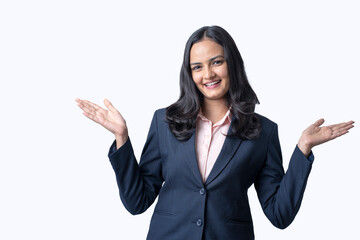 Business woman with different poses an expressions on white background.  