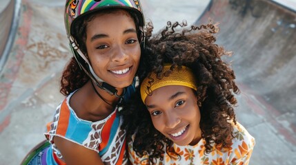 Two young girls with curly hair wearing colorful outfits and helmets smiling and posing together at a skate park.
