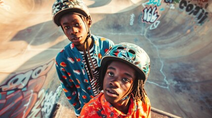 Two young skateboarders in vibrant helmets poised on a skate ramp ready to ride. - obrazy, fototapety, plakaty