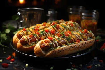 Flat posture of delicious hot dogs with mayonnaise, generative IA - obrazy, fototapety, plakaty