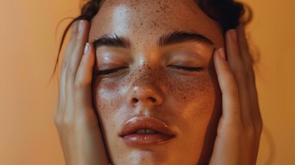 Fototapeta premium A woman with closed eyes and freckles pressing her hands against her cheeks in a contemplative or stressed pose with a warm soft-focus background.