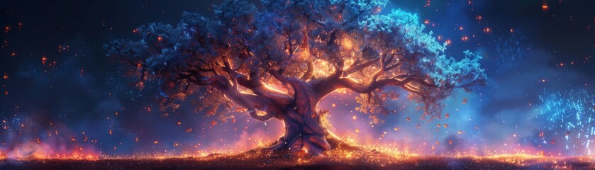A mystical glowing tree that bears fruit with magical properties guarded by forest sprites - obrazy, fototapety, plakaty