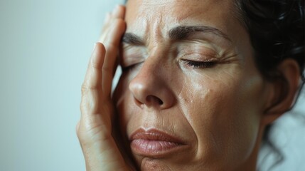 A woman with closed eyes resting her hand on her forehead conveying a sense of deep thought or concern.