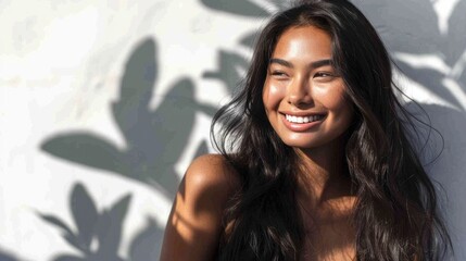 Smiling woman with long dark hair and tan skin standing in front of a white wall with green leaf shadows. - Powered by Adobe