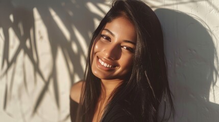 A young woman with long dark hair smiling warmly at the camera standing in soft diffused sunlight with her shadow on a textured wall.