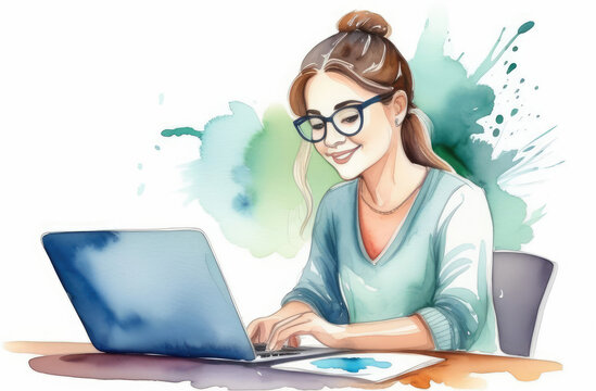 smiling young girl in glasses working on laptop, watercolor Illustration on white background
