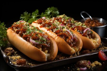 Upper view of three hot dogs with ketchup and onions, generative IA