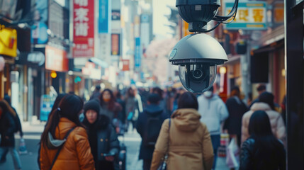 A surveillance camera in a busy street using facial recognition technology to monitor the population - obrazy, fototapety, plakaty