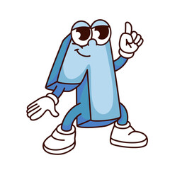 Groovy number 1 cartoon character showing one finger up. Funny retro blue number with hands and legs pointing, digit mascot, cartoon school comic math sticker of 70s 80s style vector illustration