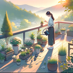 Illustration of a beautiful woman taking care of plants on the terrace