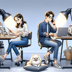 Work from home office working couple illustration