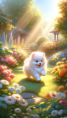 Illustration of a cute Pomeranian walking in a flower garden